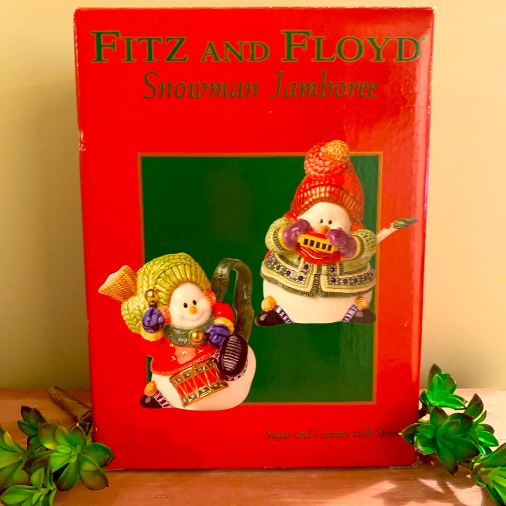 Fitz and Floyd Classics Snowman Jamboree Sugar & Creamer with Spoon!